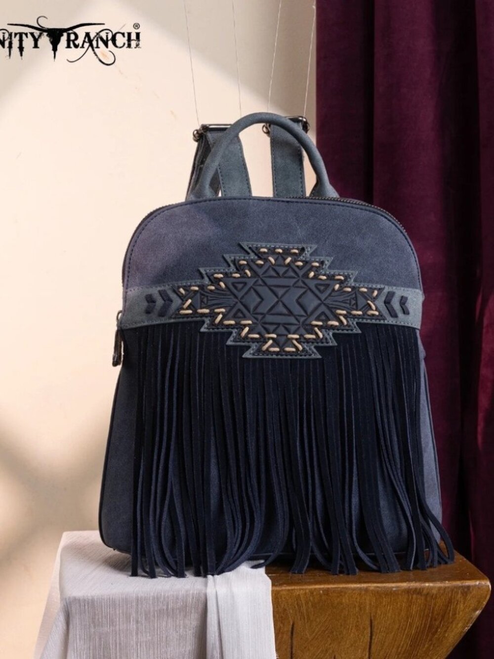 Trinity Ranch Aztec Tooled Fringe Concealed Carry Backpack Navy